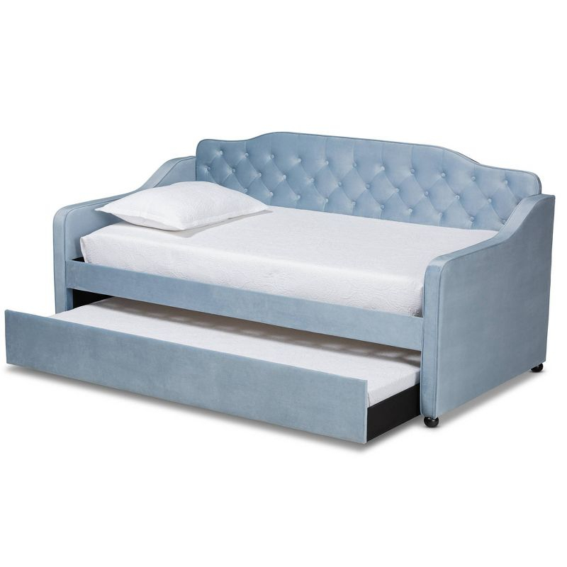 Twin Freda Velvet Tufted Daybed with Trundle Light Blue - Baxton Studio: Upholstered, Mid-Century Modern, No Box Spring Required
