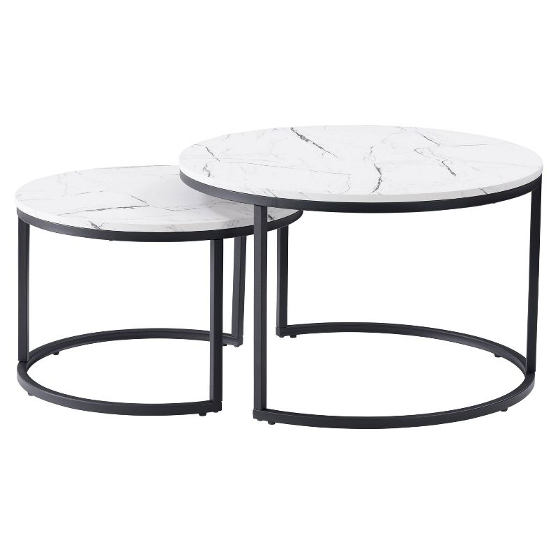 Set of 2 Marbled Finish Forth Worth Round Nesting Coffee Table White - CorLiving: Black Metal Legs, Accent Furniture