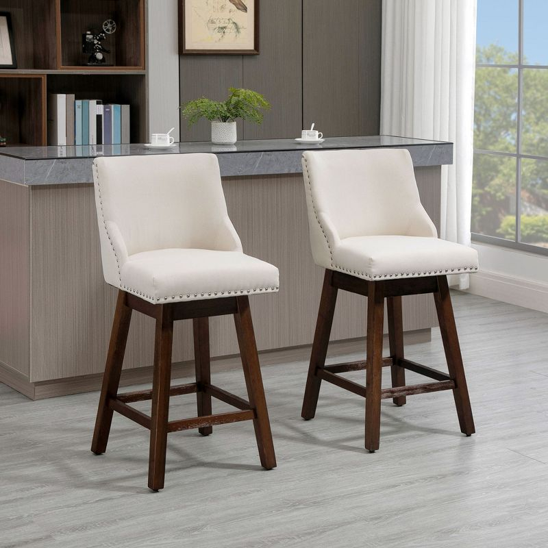 HOMCOM 28" Swivel Bar Height Bar Stools Set of 2, Armless Upholstered Barstools Chairs with Nailhead Trim and Wood Legs, Cream White