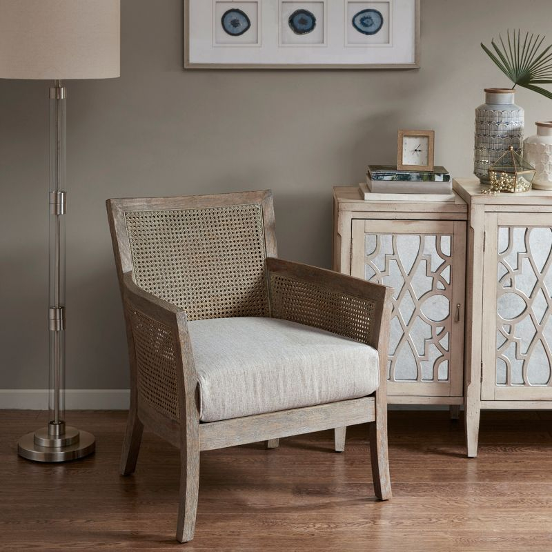 Madison Park Paulie Accent Chair Cream/Reclaimed Natural: Upholstered Wingback, Rubberwood Frame