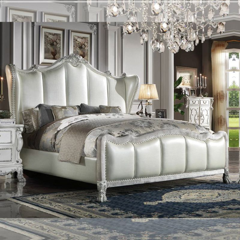 Acme Furniture 95" California King Bed Dresden Synthetic Leather & Bone White : Champagne PU, Claw Feet, Tufted Headboard