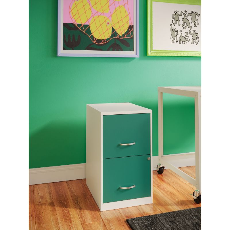 Space Solutions 18" Deep Letter Width 2-Tone Vertical File Cabinet White & Teal: Steel Office File Organizer, 2 Drawers