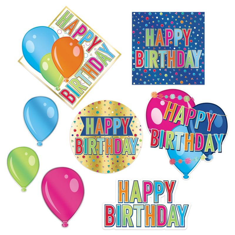 Beistle Foil Happy Birthday Cutouts, 3.75"-10.25", (16/Pkg) Multicolored