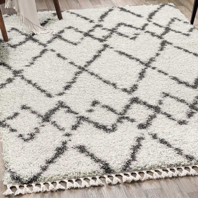 8'x10' Mercer Shag Plush Tassel Moroccan Geometric Trellis Area Rug, Cream/Grey - JONATHAN Y