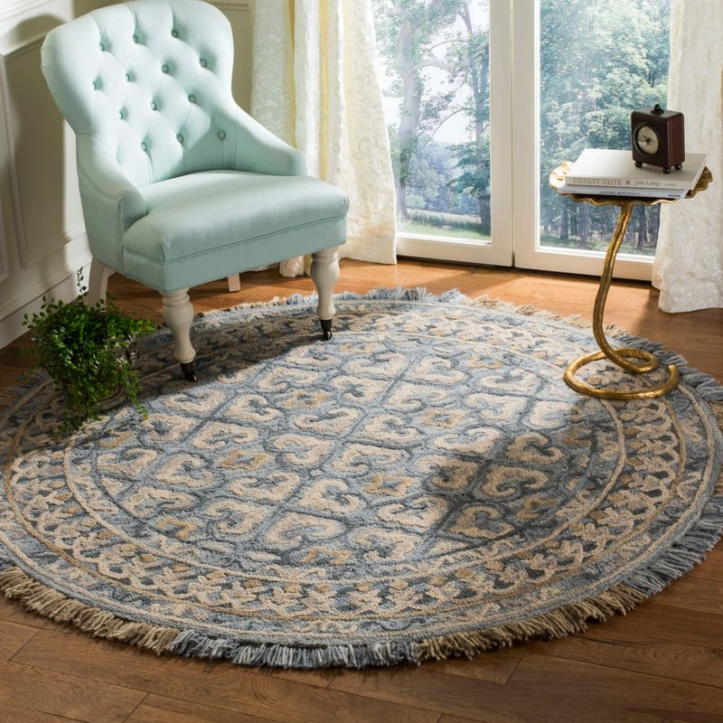 Blossom BLM420 Hand Tufted Area Rug - Light Beige/Blue - 6' Round - Safavieh.