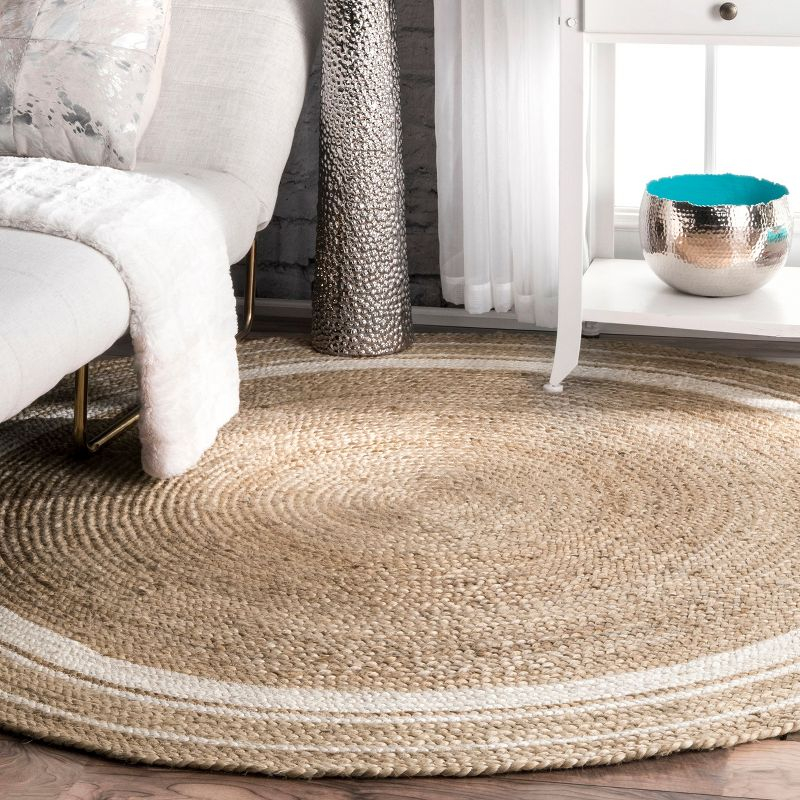 Nuloom Rikki Bordered 8 Round Jute Indoor Area Rug for Dining Room Rug Neutral Rug Living Room Rug Kitchen, Off White/Natural