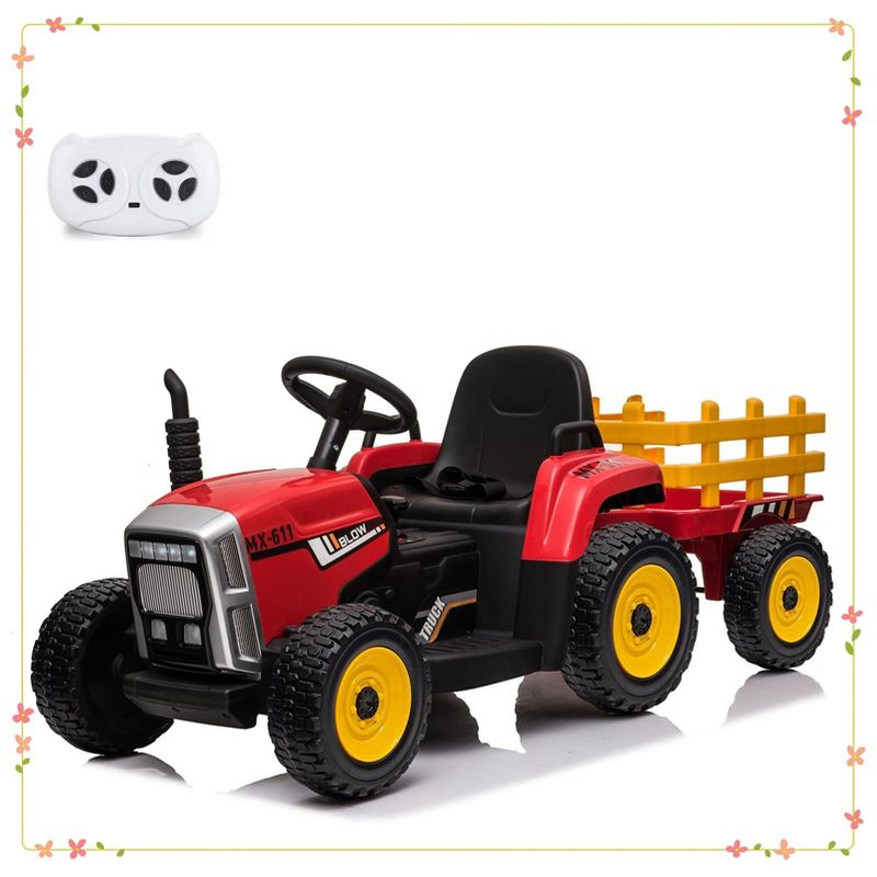 12V Kids Ride On Tractor with Trailer & Remote Control,Red, 35W