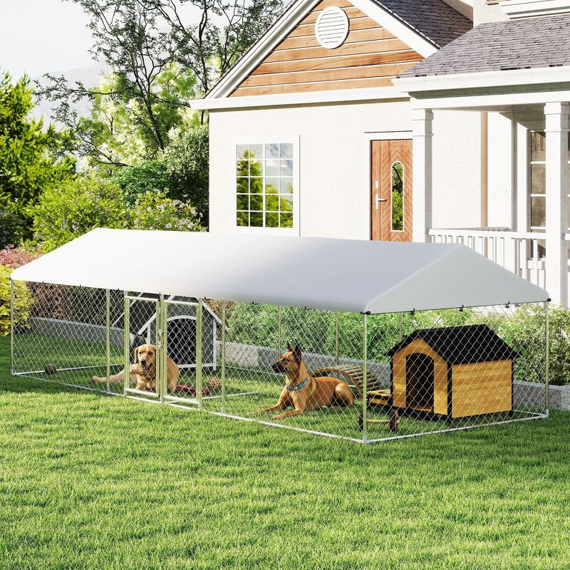 Pawhut Two Room Outdoor Dog Kennel with Roof, 19.7' x 7.5' x 5.2' Dog Kennel Outside Heavy Duty Pet Enclosure Run Fence with Waterproof UV-Resistant Cover, Secure Lock, for Small to Large Breeds