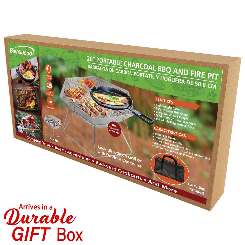 Brentwood 20-In. Stainless Steel Portable Folding Charcoal BBQ Grill and Outdoor Fire Pit with Carry Bag, BB-6X20SS in Silver