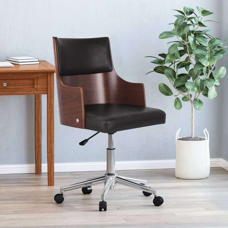 Christopher Knight Home Rhine Mid-Century Modern Upholstered Swivel Office Chair Midnight Black/Walnut: Chrome Base, Ergonomic Design with Casters