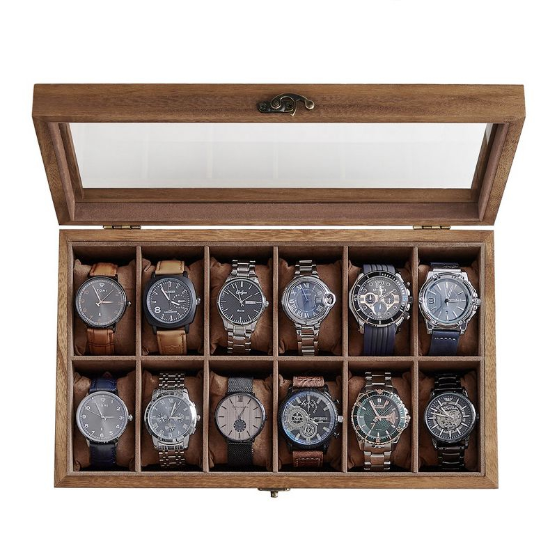 SONGMICS Watch Box 12-Slot Watch Case Organizer Solid Wood Watch Display Case with Removable Pillows Rustic Walnut
