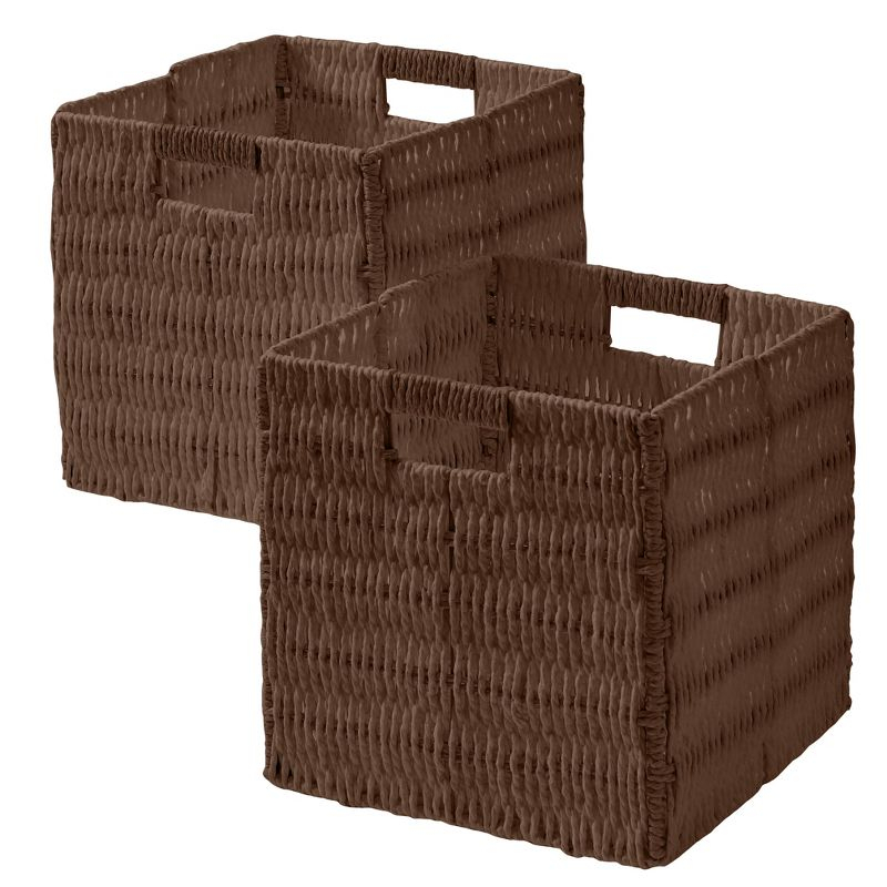 Ornavo Home 2 Pack Paper Wicker Storage Shelf Basket Cube Bin with Handles - 10.5" Inch - Brown