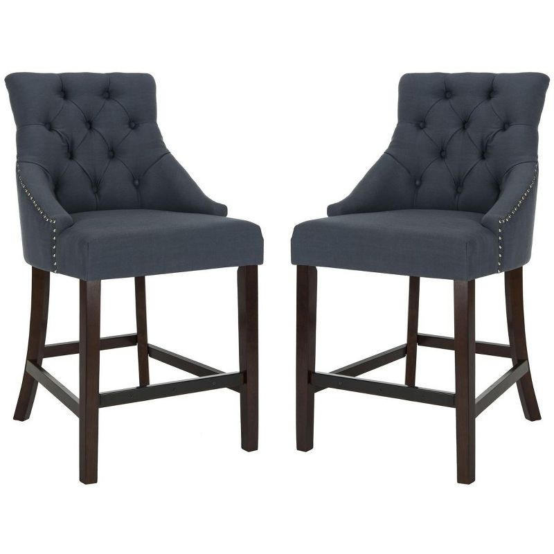 Eleni Tufted Wing Back Counter Stool (Set of 2) - BST6305 - Navy/Espresso - Safavieh