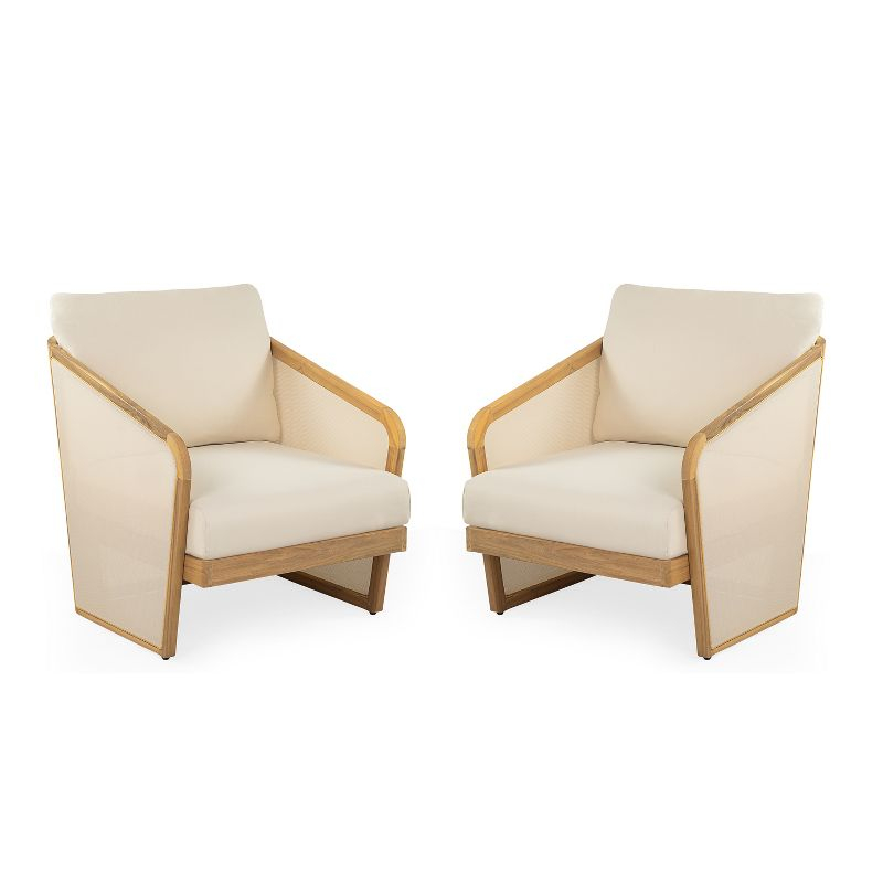 Christopher Knight Home Bendgn Patio Acacia Wood and Textilene Club Chair with Cushion, Teak/Beige, Set of 2