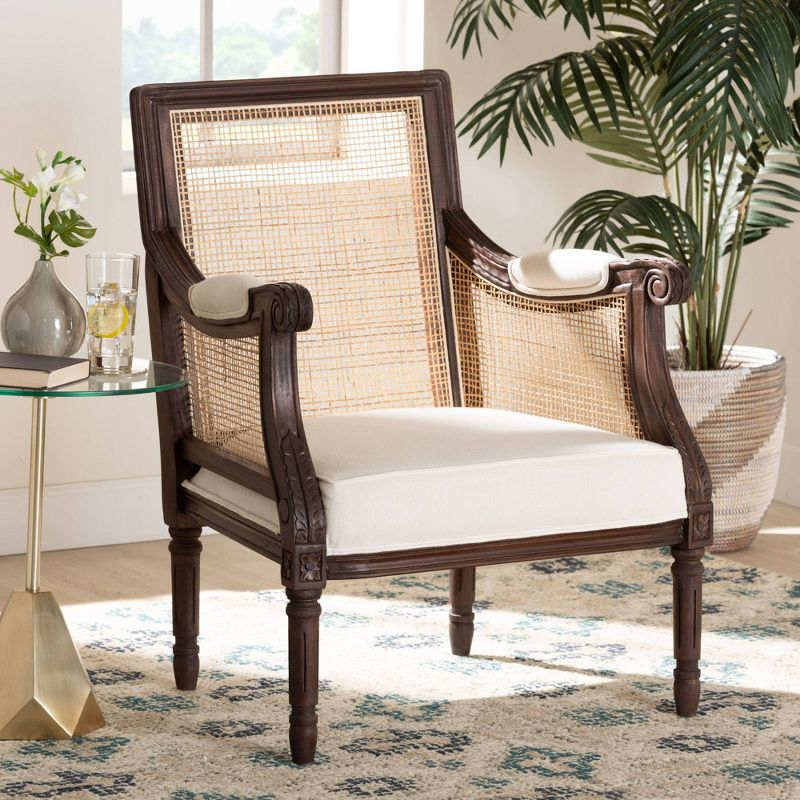 bali & pari Desmond Fabric and Wood Accent Chair Beige/Dark Brown: Traditional French Design, Foam Padded, Bayur Frame