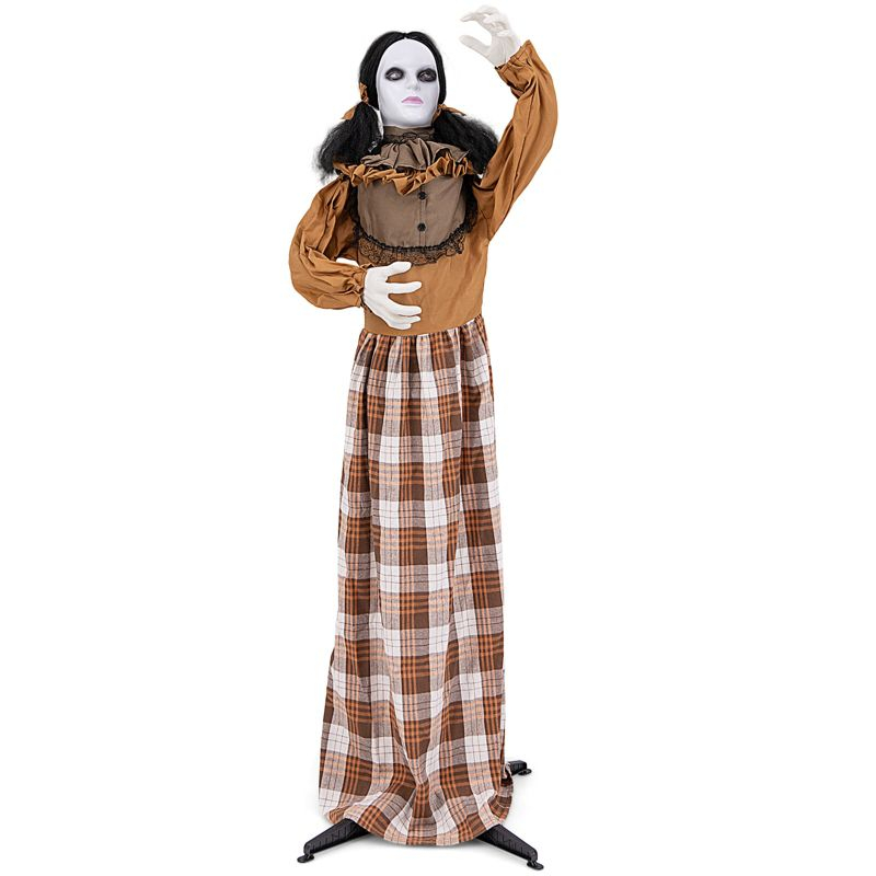 Tangkula 5.8 FT Halloween Animated Haunted Woman with Pop Up Head Animatronic Scary Witch w/ Sound Activated Design & Control Button Decoration