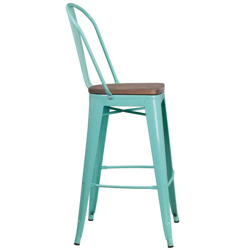 Flash Furniture 30" High Mint Green Metal Barstool with Back and Wood Seat