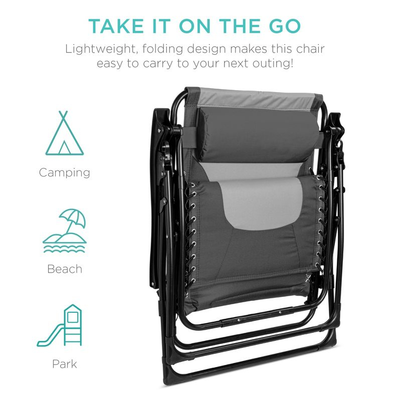 Best Choice Products Oversized Padded Zero Gravity Chair, Folding Outdoor Patio Recliner w/ Side Tray - Gray/Light Gray