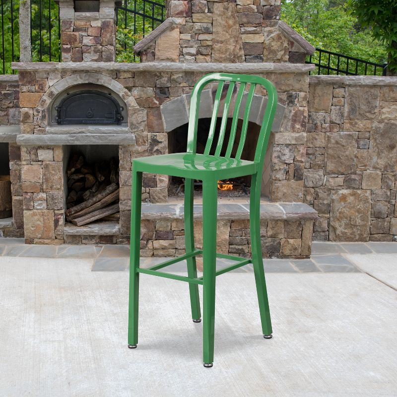 Flash Furniture Commercial Grade 30" High Green Metal Indoor-Outdoor Barstool with Vertical Slat Back