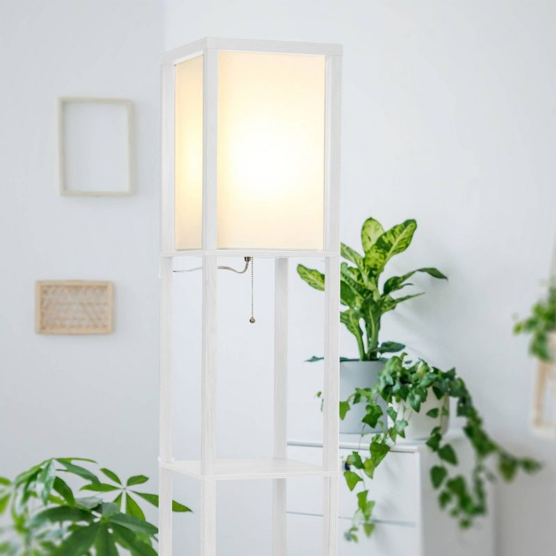 Brightech Maxwell 63" Modern LED Shelf Floor Lamp with White Finish, 3 Tiers, and Fabric Square Shade, Bulb Included