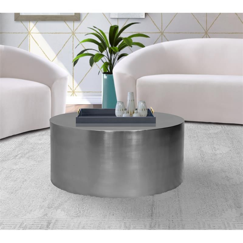 Cylinder Round Brushed Chrome Metal Coffee Table-Meridian Furniture