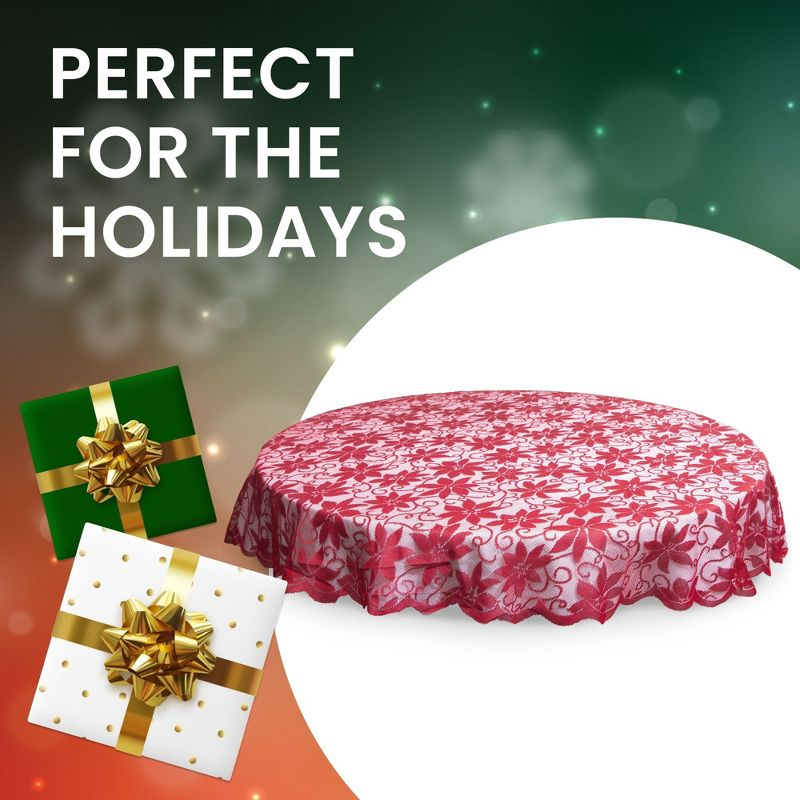 Juvale 72 Inch Round Tablecloth, Red Lace Christmas Tablecloth with Poinsettia Design for Holiday Decorations, Dining Room