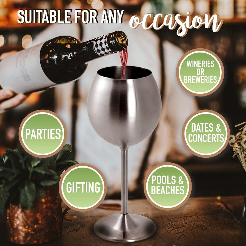 D'Eco Unbreakable 12 Oz Stainless Steel Wine Glasses (8 Pack) Large Stemmed Matte Silver Wine Goblets - Reusable Drinkware - Great Mother's Day Gift