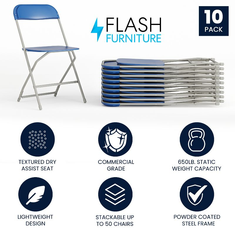 Flash Furniture Hercules Series Plastic Folding Chair Blue - 10 Pack 650LB Weight Capacity Comfortable Event Chair-Lightweight Folding Chair