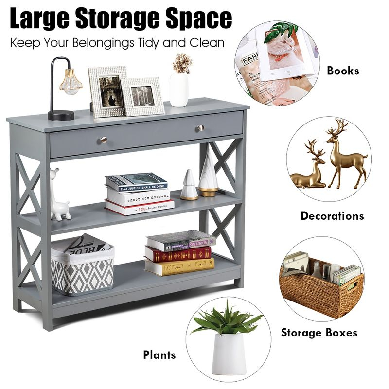Costway 3-Tier Console Table X-Design Sofa Entryway Table with Drawer & Shelves Gray