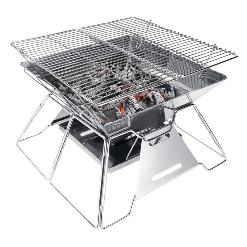 Brentwood 14-In. x 14-In. Stainless Steel Portable Folding Charcoal BBQ Grill and Outdoor Fire Pit with Carry Bag, BB-4X14SS in Silver