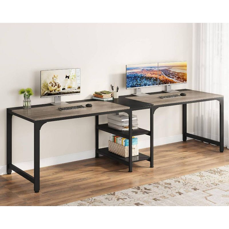 LITTLE TREE 90.55" Double Desk with Storage Shelf Gray/Black