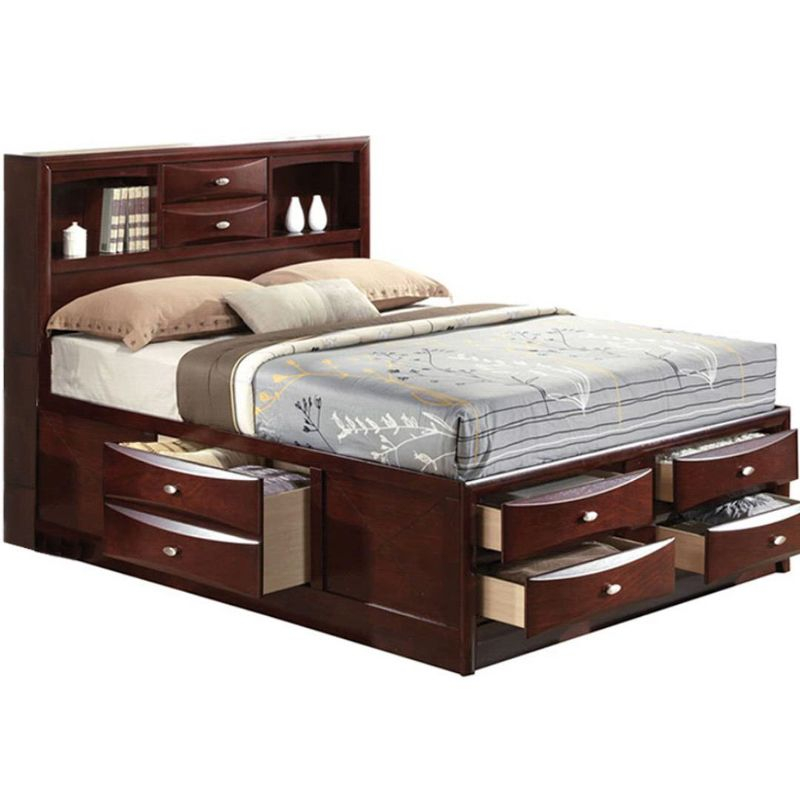 91" Eastern King Bed Ireland Bed Espresso - Acme Furniture: Linen Upholstery, Wood Frame, Storage Headboard