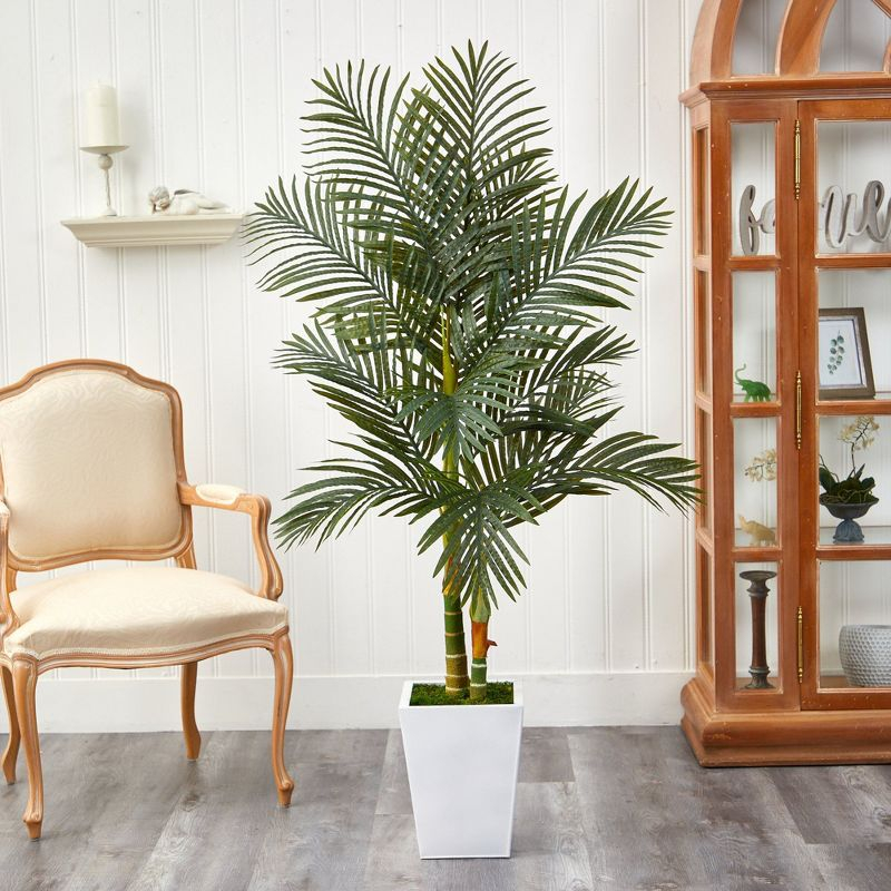 Nearly Natural 5.5-ft Golden Cane Artificial Palm Tree in White Metal Planter