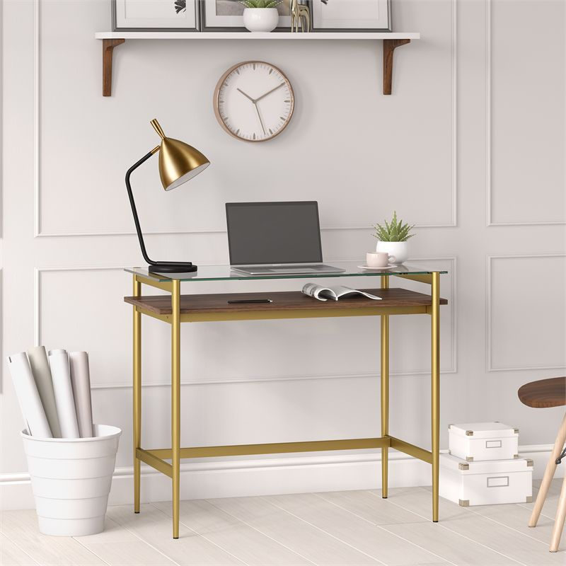 36" Brass Finish Desk with Walnut Shelf - Henn&Hart