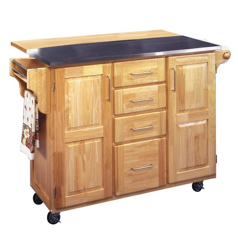 Breakfast Bar Kitchen Cart Natural with Stainless Steel Top - Home Styles: Rolling Island, Storage, Modern Design