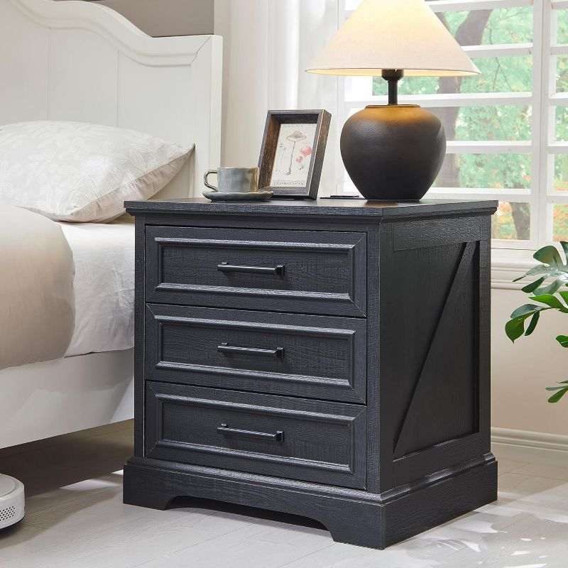 SinCiDo 24" Wide Farmhouse Nightstand with Charging Station & 3 Drawers & Handles, End Table for Bedroom, Living Room, Black