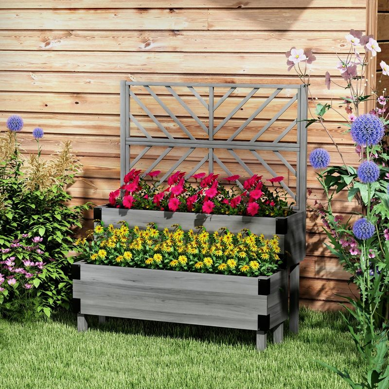 Outsunny 2 Tier Trellis Planter, Wooden Vegetable Garden Bed with Metal Corners for Vegetables, Flowers, Herbs, Gray
