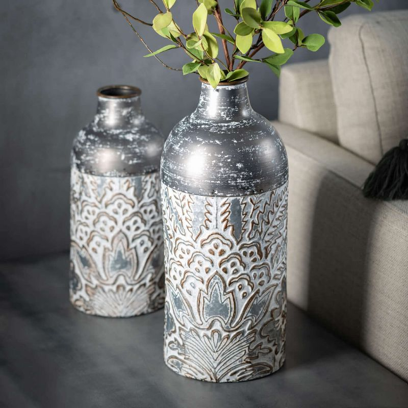 Sullivans Metal Baroque Printed Metal Vase Set of 2, 16"H & 12.5"H Gray