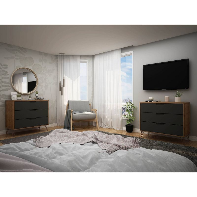 Set of 2 Rockefeller 3 Drawer Dresser Nature/Textured Gray - Manhattan Comfort: MDF Bedroom Storage, 6 Drawers