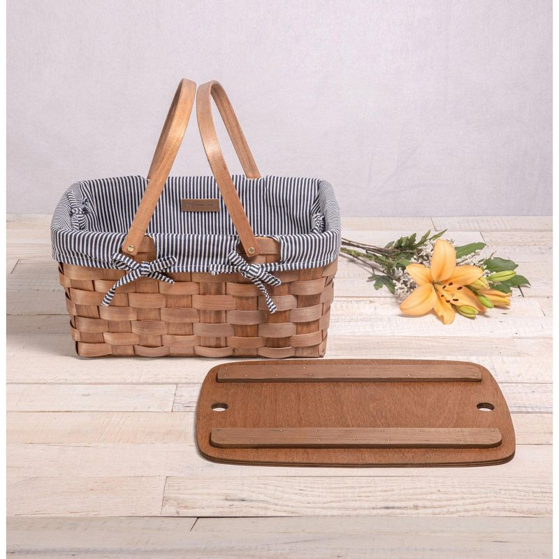 Picnic Time Kansas Handwoven Wood Picnic Basket with Navy Blue and White Stripe