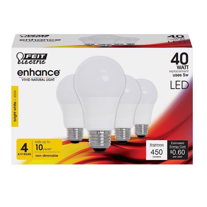 Feit Electric Enhance A19 E26 (Medium) LED Bulb Bright White 40 Watt Equivalence 4 pk