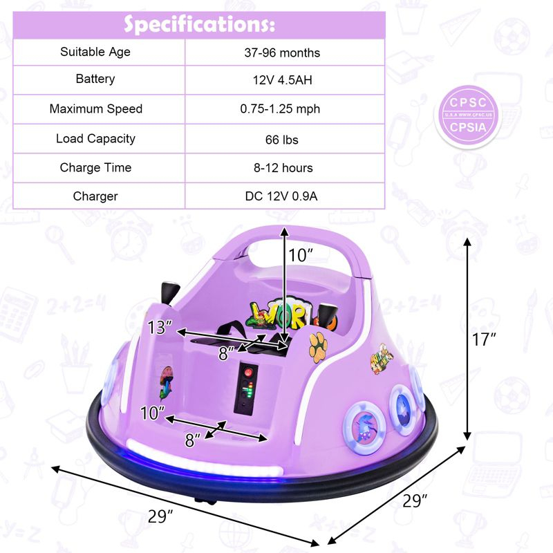 Costway 12V Kids Ride on Bumper Car Remote Control w/ Flashing LED Light & Music Purple