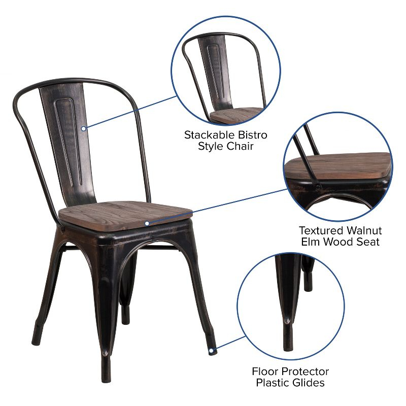 Flash Furniture Black-Antique Gold Metal Stackable Chair with Wood Seat