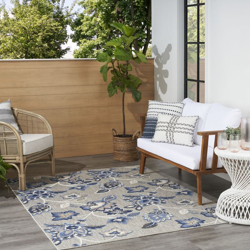 Nourison Aloha Floral Farmhouse Flatweave High-Low Indoor Outdoor Area Rug Blue Grey 7'10" x 10'6"