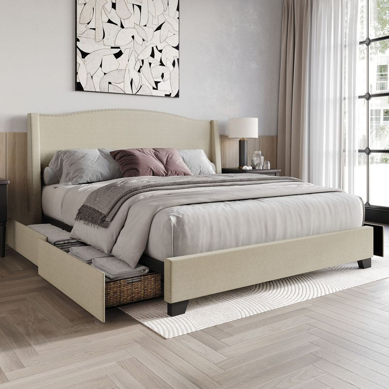 ChaletPosh Full Size Platform Bed with Storage Beige Linen