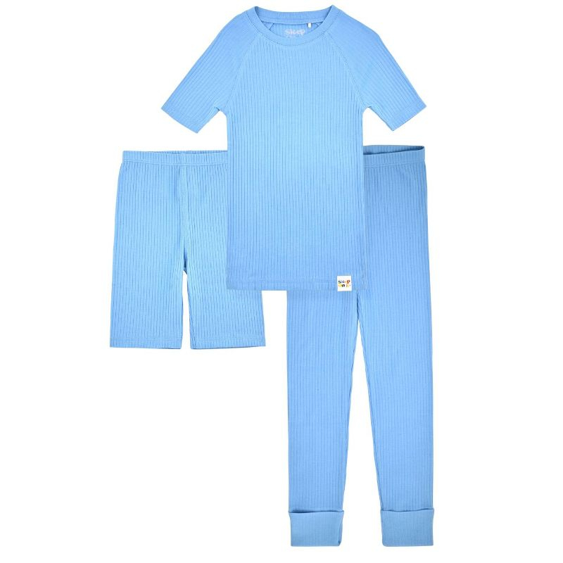 Sleep On It 100% Organic Cotton Rib Knit Snug-Fit 6-Piece Pajama Sets for Boys & Girls, Green & Light Blue Size 5