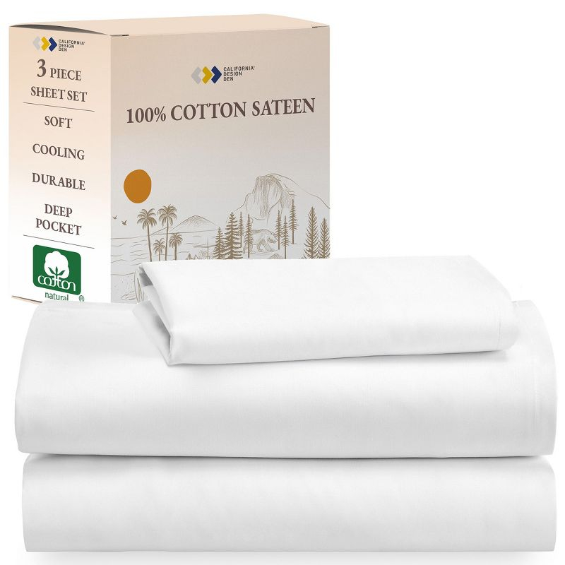 Soft 100% Cotton Sheets Set - Cooling Durable Sateen, Deep Pocket - by California Design Den - Bright White, Twin