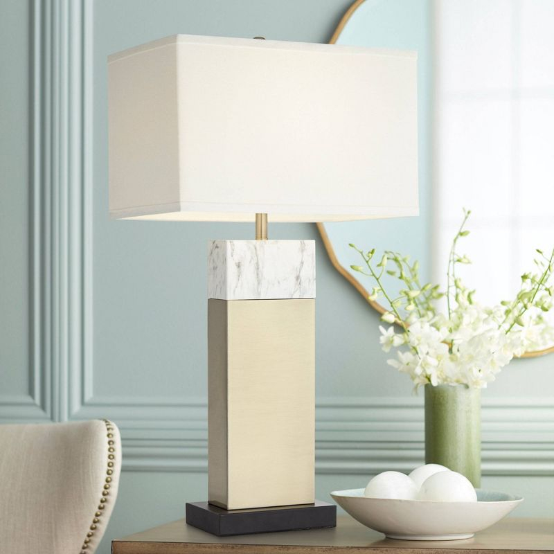 360 Lighting 30" Tall Large Rectangular Modern End Table Lamp Gold Two-Tone Faux Marble Finish Single White Shade Living Room Bedroom Bedside House