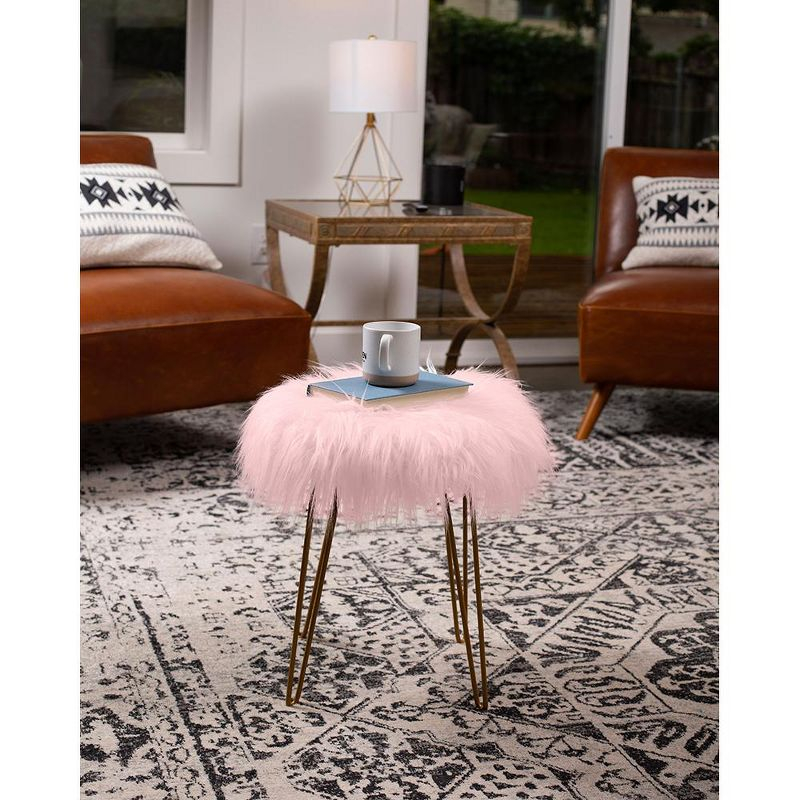 BirdRock Home Round Faux Fur Foot Stool Ottoman - Pink with Pale Gold Legs