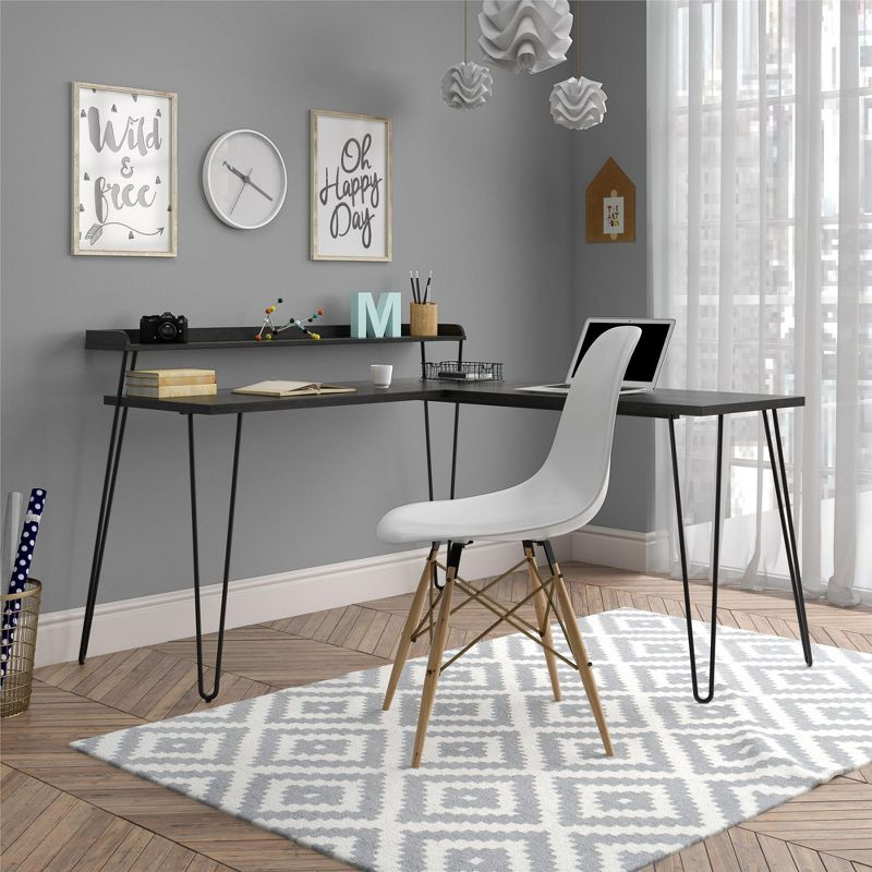 Haven L Desk with Riser, Black Oak